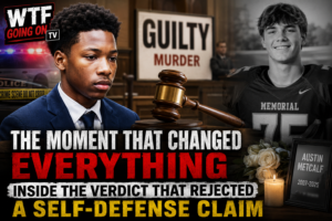 verdict courtroom scene symbolic justice decision in Karmelo Anthony self-defense size gap case Texas trial illustration