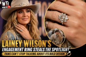 Lainey Wilson showing her unique cluster diamond engagement ring at the ACM Awards red carpet