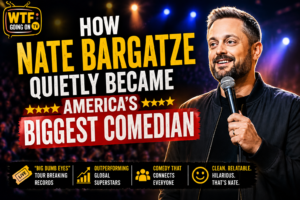 Comedian Nate Bargatze performing stand-up comedy on stage