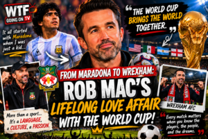 Rob McElhenney watching a football match with focus, reflecting his passion for the World Cup